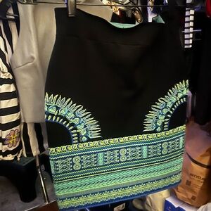 BCBGMaxAzria Black and Blue Patterned Pencil Skirt